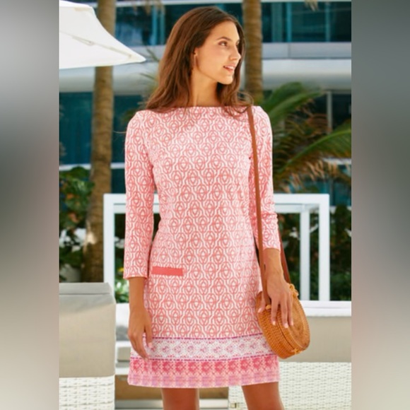 CABANA LIFE NWT Napa Cabana Shift Dress Coral/White 3/4 Sleeves Size Small - Picture 1 of 11